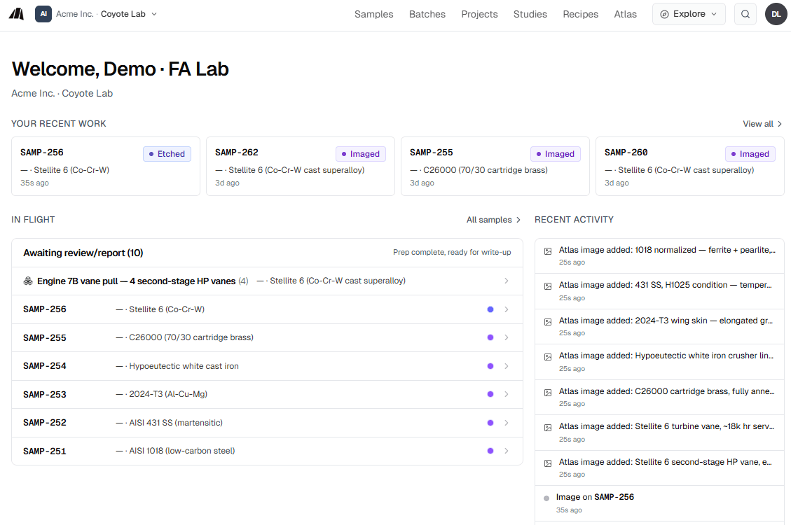 Materials Prep dashboard showing recent samples, work in flight, and Atlas activity for a failure analysis lab