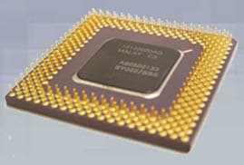 Computer chip cross-section showing flip chip structure and interconnects