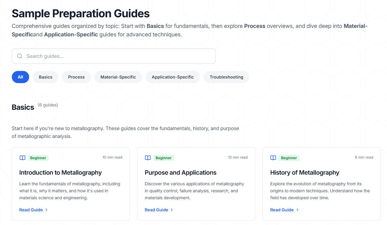 Metallography guides page interface preview Metallography guides page preview showing sample preparation guides, material-specific procedures, grinding polishing etching techniques, and metallographic resources